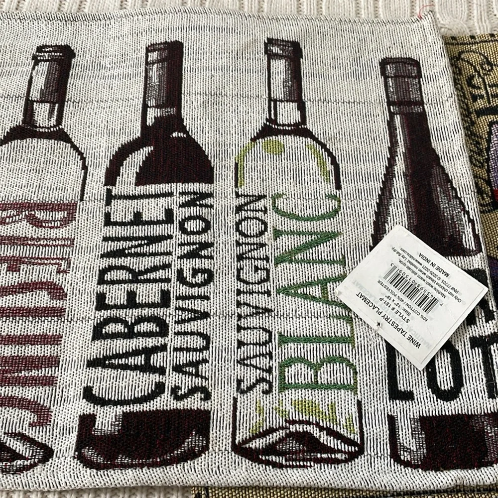 NWT wine themed placemats 2 in lot different styles. Tapestry grapes bottles cab